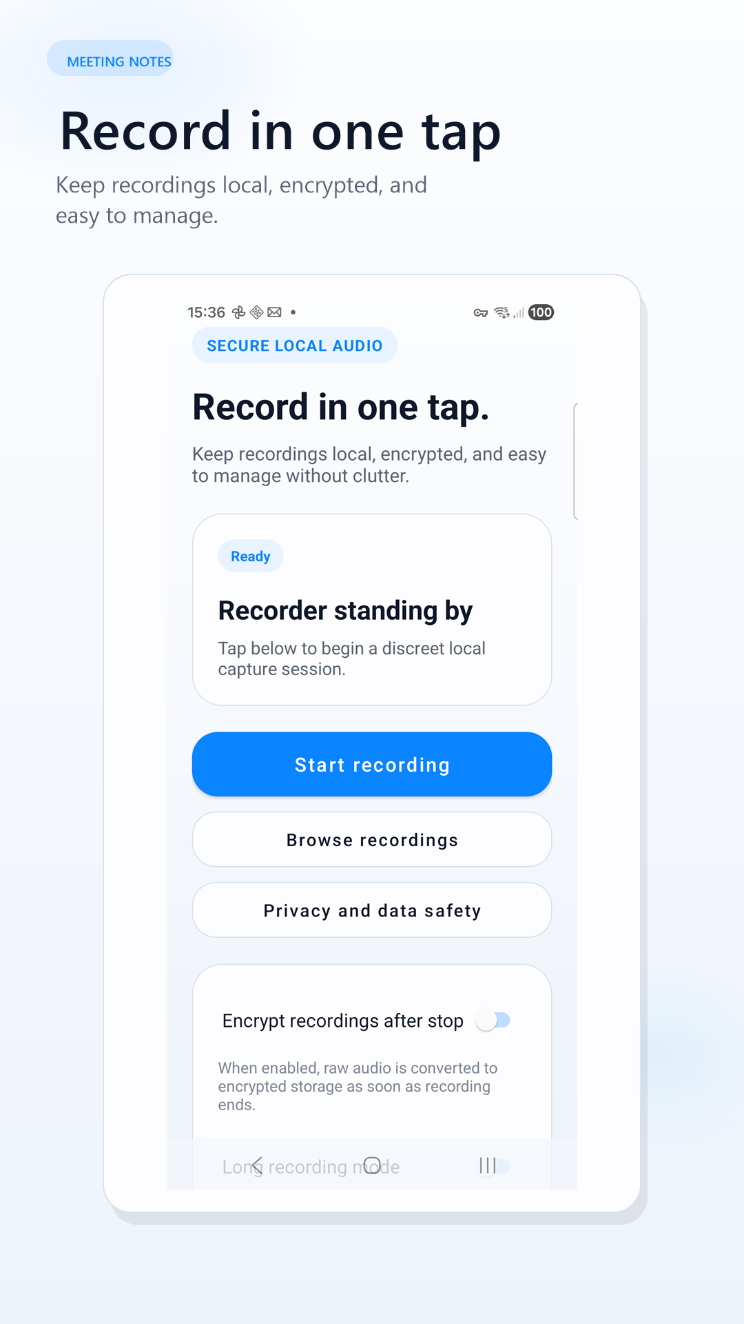 Meeting Notes Recorder home screen with Start recording button and key actions