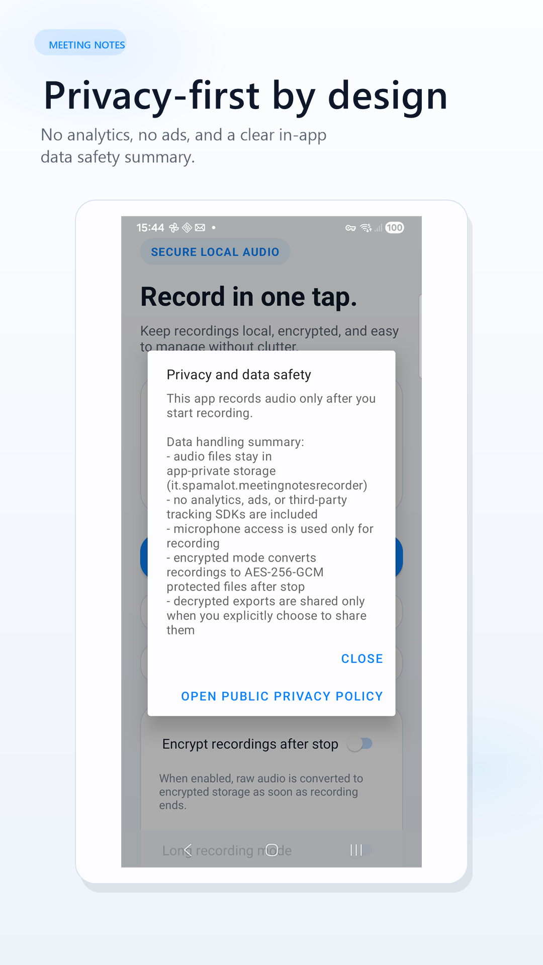 Meeting Notes Recorder privacy and data safety dialog