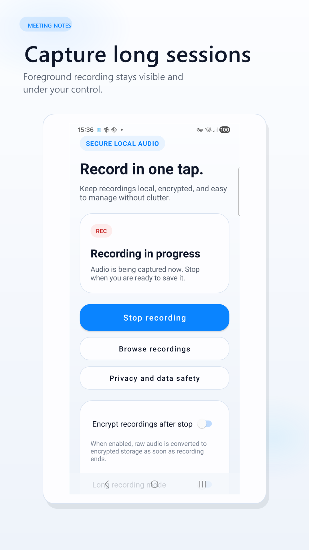 Meeting Notes Recorder active recording screen with stop button